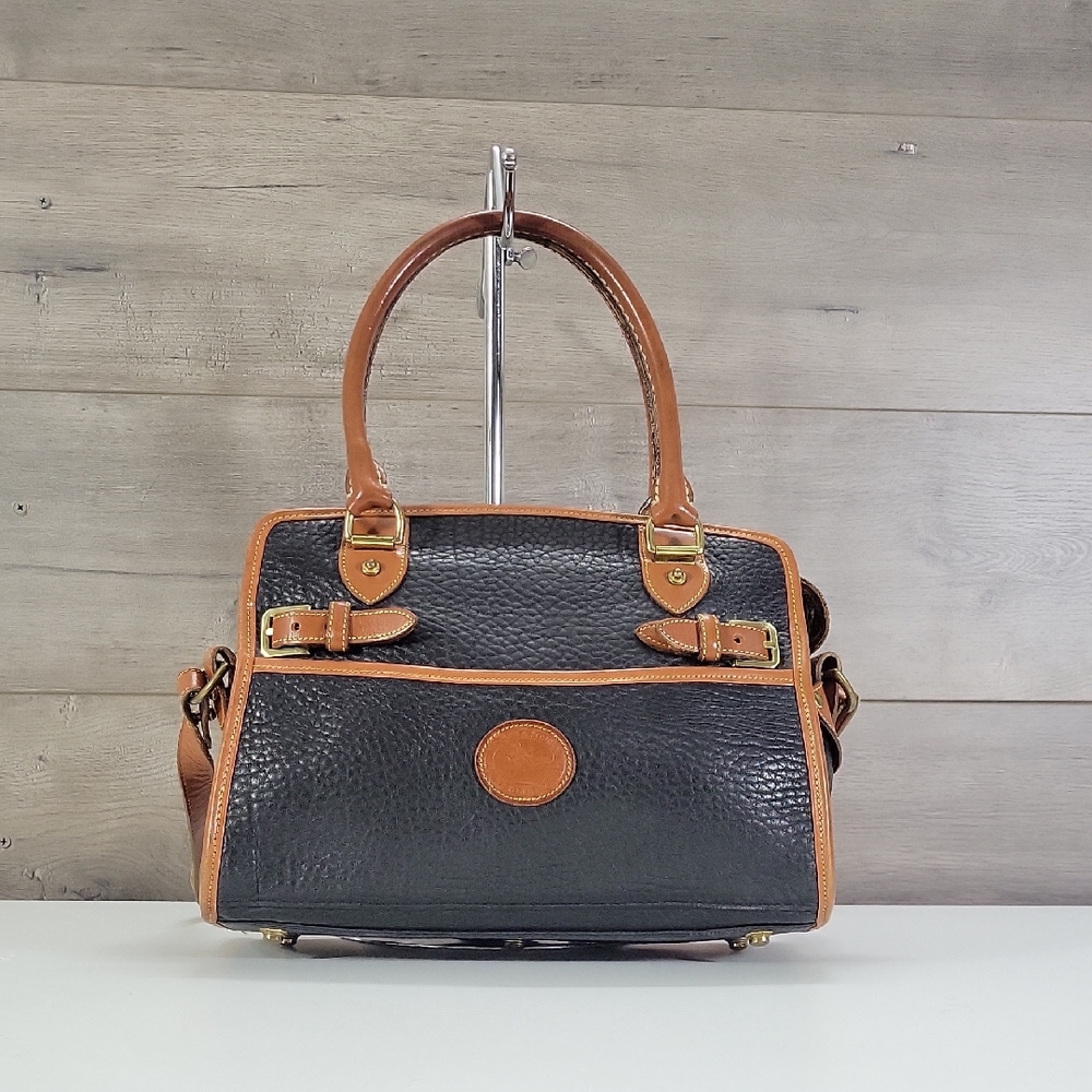 Vintage Dooney & Bourke Black and Tan Pebble Leather Satchel Crossbody Bag